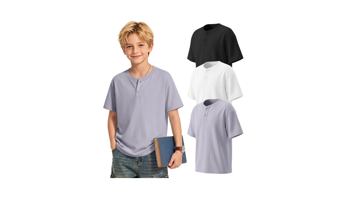 Mumucove 3 Pack Boys Henley Short Sleeve Shirts, 3-color, 9-10