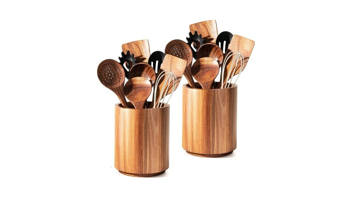 Criusia Utensil Holder 2 Pack, 360° Rotating Acacia Wood Cooking