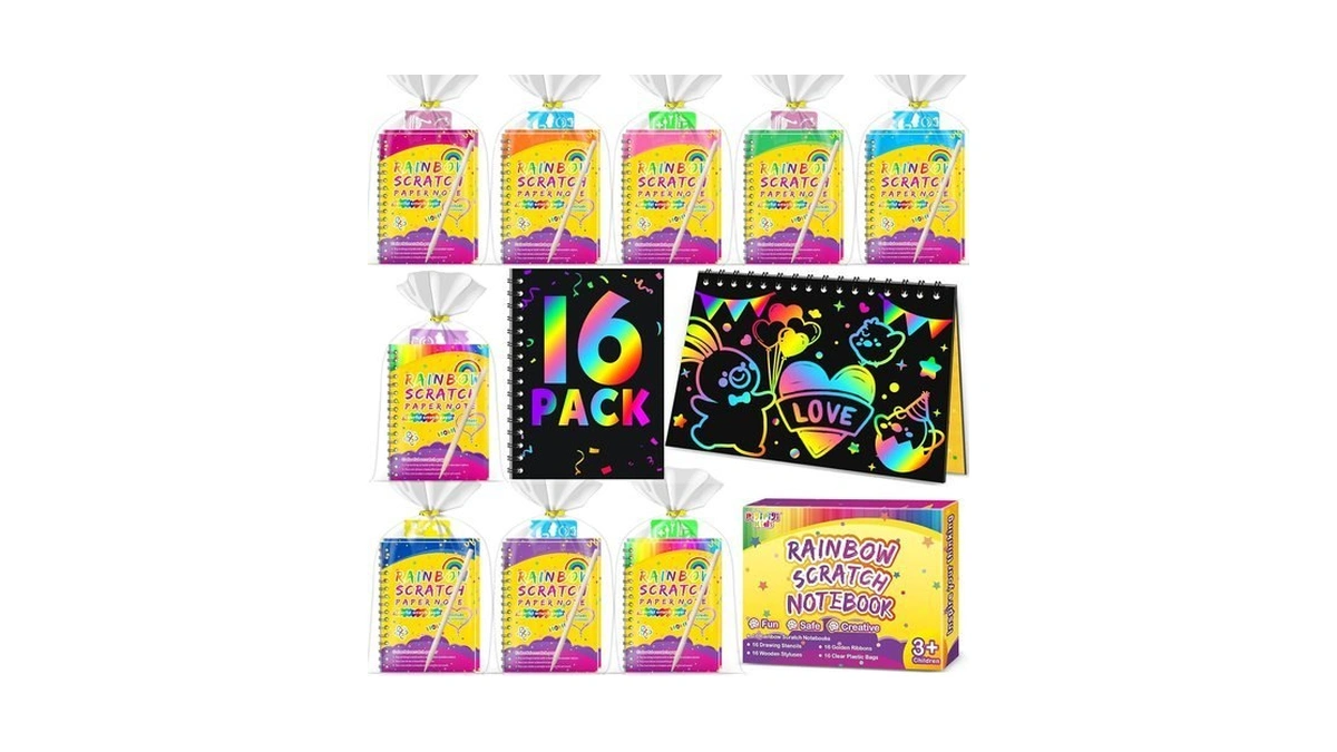 Party Favors For Kids 4-8-12: 16 Pack Scratch Rainbow Art