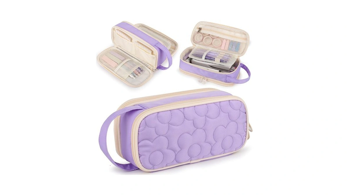 Quilted Pencil Case Bag Large,2 Compartment Pen Pouch With Handle