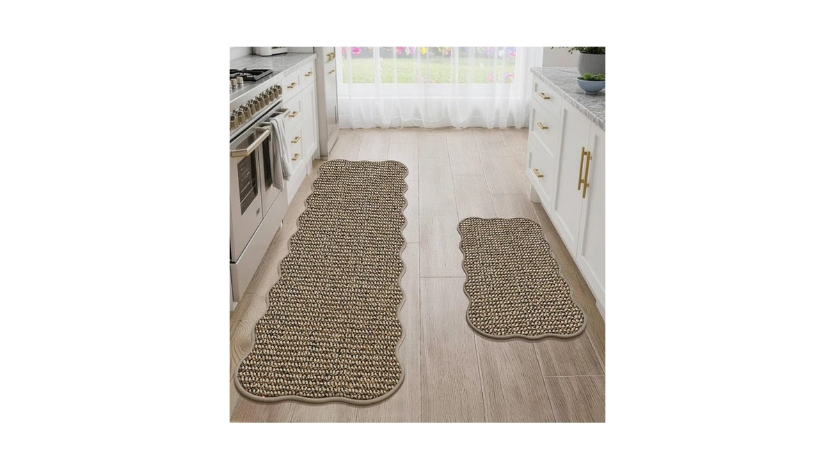 Jsei Scalloped Kitchen Rugs And Mats 2pcs, 17"x30"+17"x60", Taupe