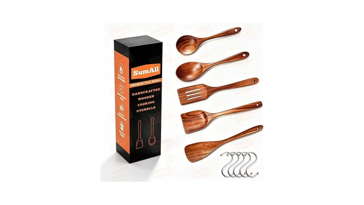 Sumall 5 Pcs Teak Wooden Utensil Set With Hooks, Wooden