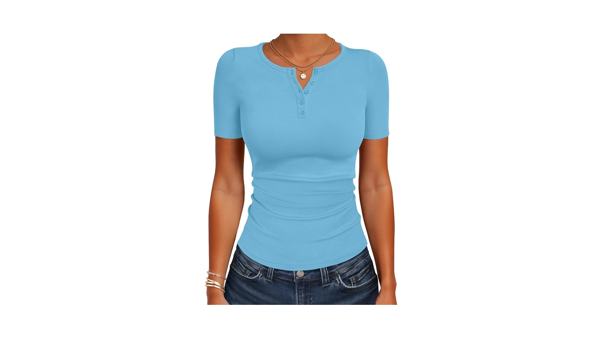 Anrabess Womens Tops Short Sleeve Henley Shirts 2026 Summer Ribbed
