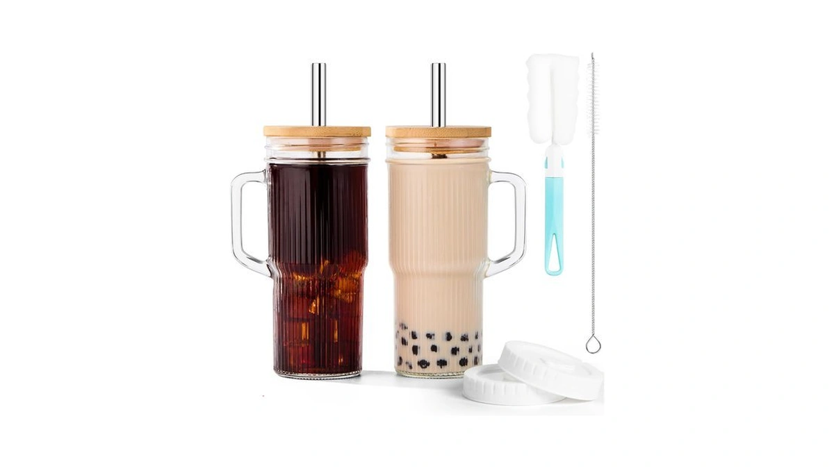 Junvpic Glass Tumbler, 24 Oz Ice Coffee Cups With Bamboo
