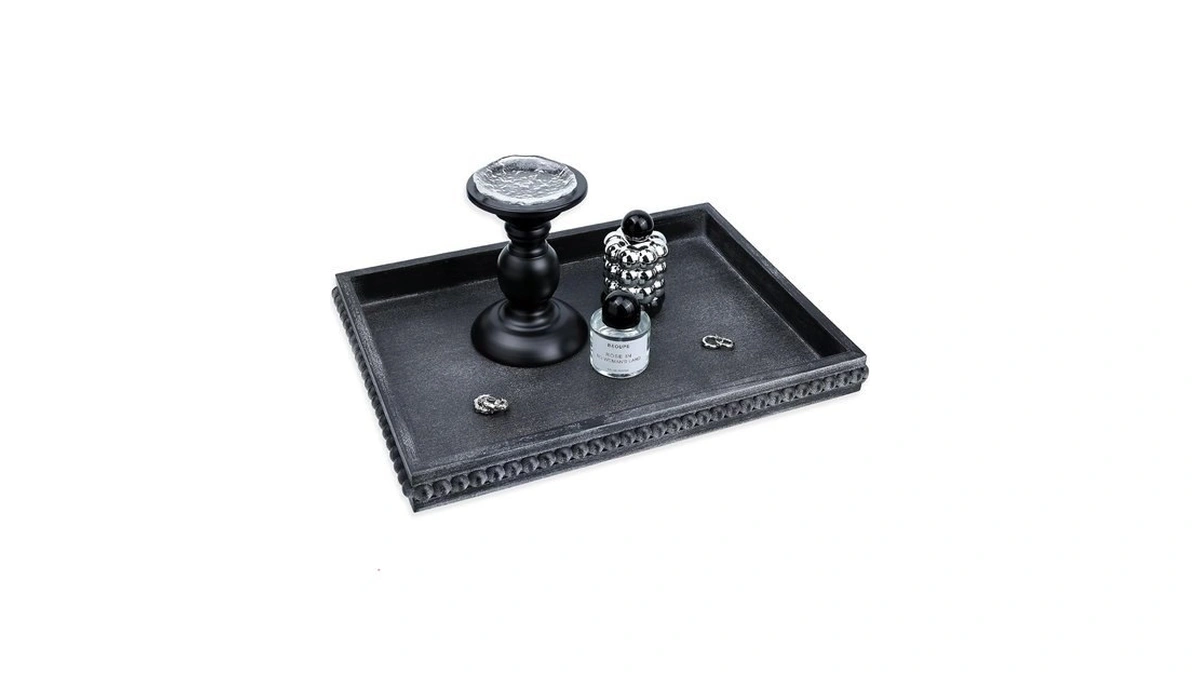 Lnofemin Rectangle Wood Serving Tray With Beads, Black Washed Wooden