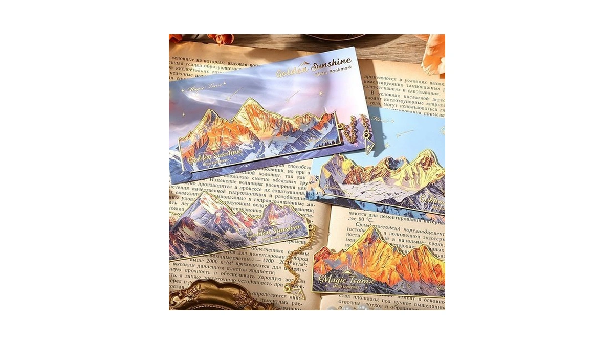 4 Pcs Metal Bookmarks With Chain Tassel, Golden Mountain Scenery