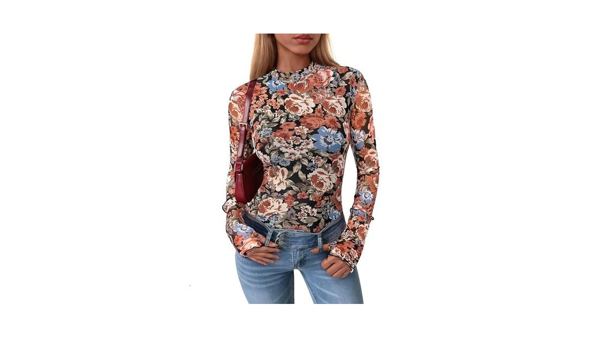 Prettygarden Womens Floral Mesh Long Sleeve Tops Fall Slim Fitted