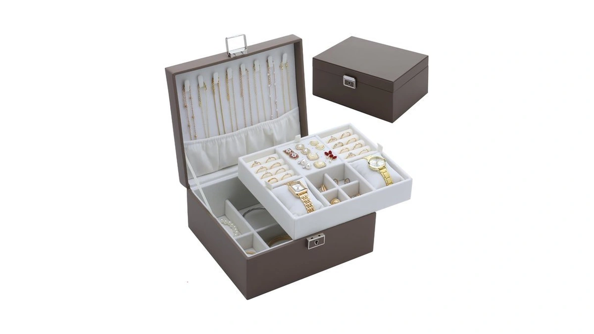 Jewelry Organizer Box For Women Girls, 2 Layer Genuine Leather