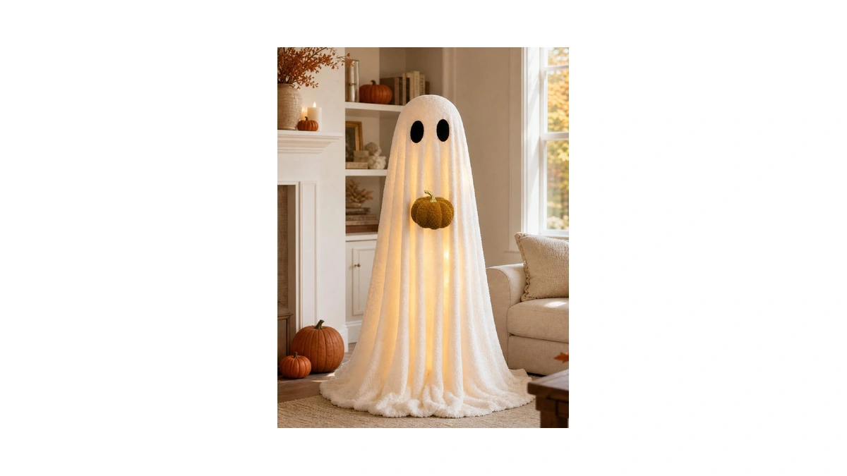 Halloween Decorations Indoor 3.6ft Light-up Sherpa Ghost With Pumpkin