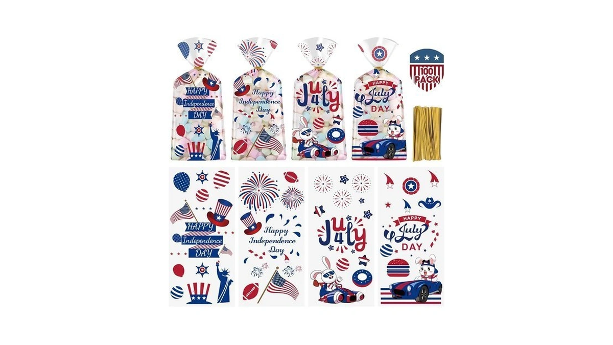 Litmitfu 100 Pcs 4th Of July Treat Bags - Happy