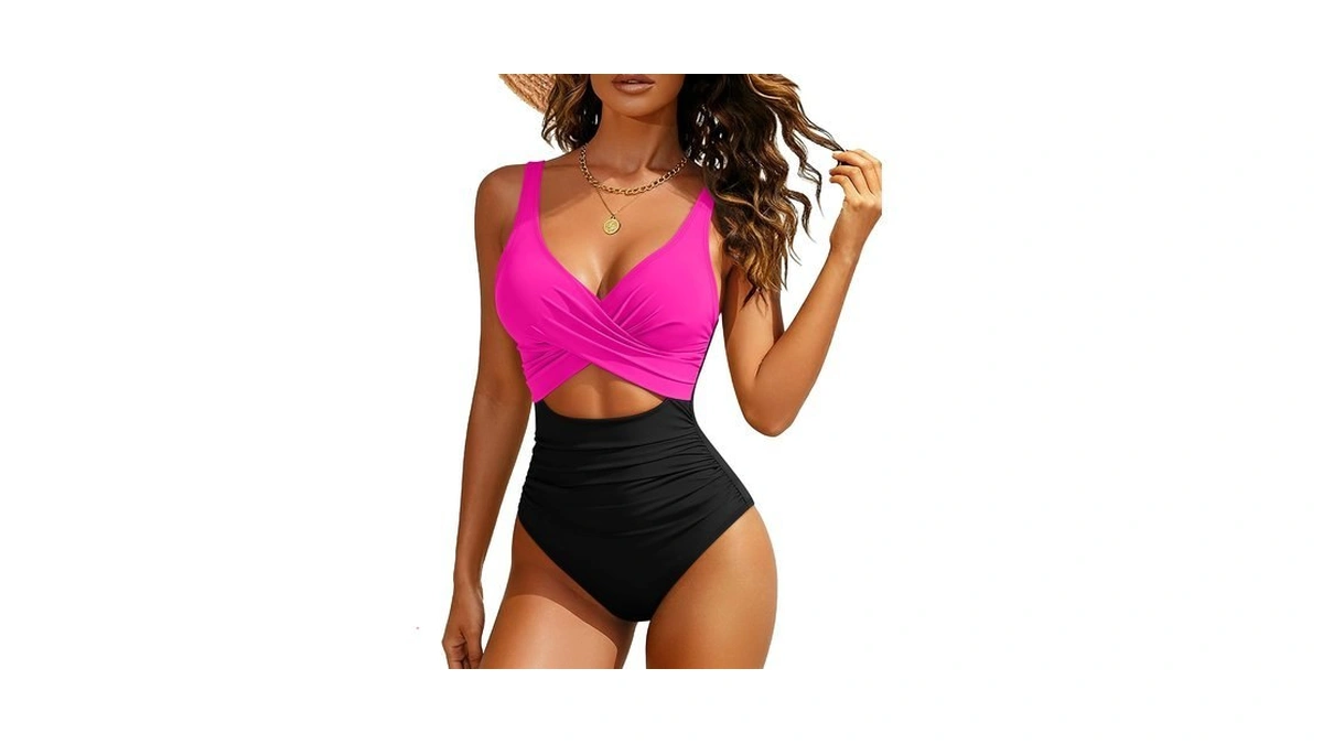 Velvelhall Women's One Piece Swimsuit, Rose Red And Black, Small