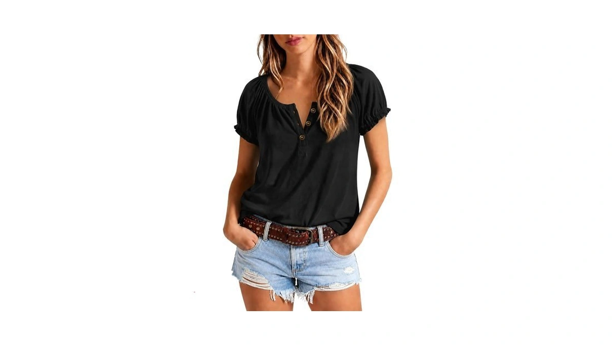 Womens Cute Babydoll Henley Tops Short Puff Sleeve Summer Ruffle