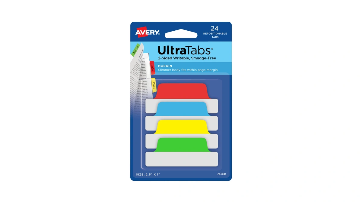 Avery® Margin Ultra Tabs®, 2.5" X 1", 2-side Writable, Assorted