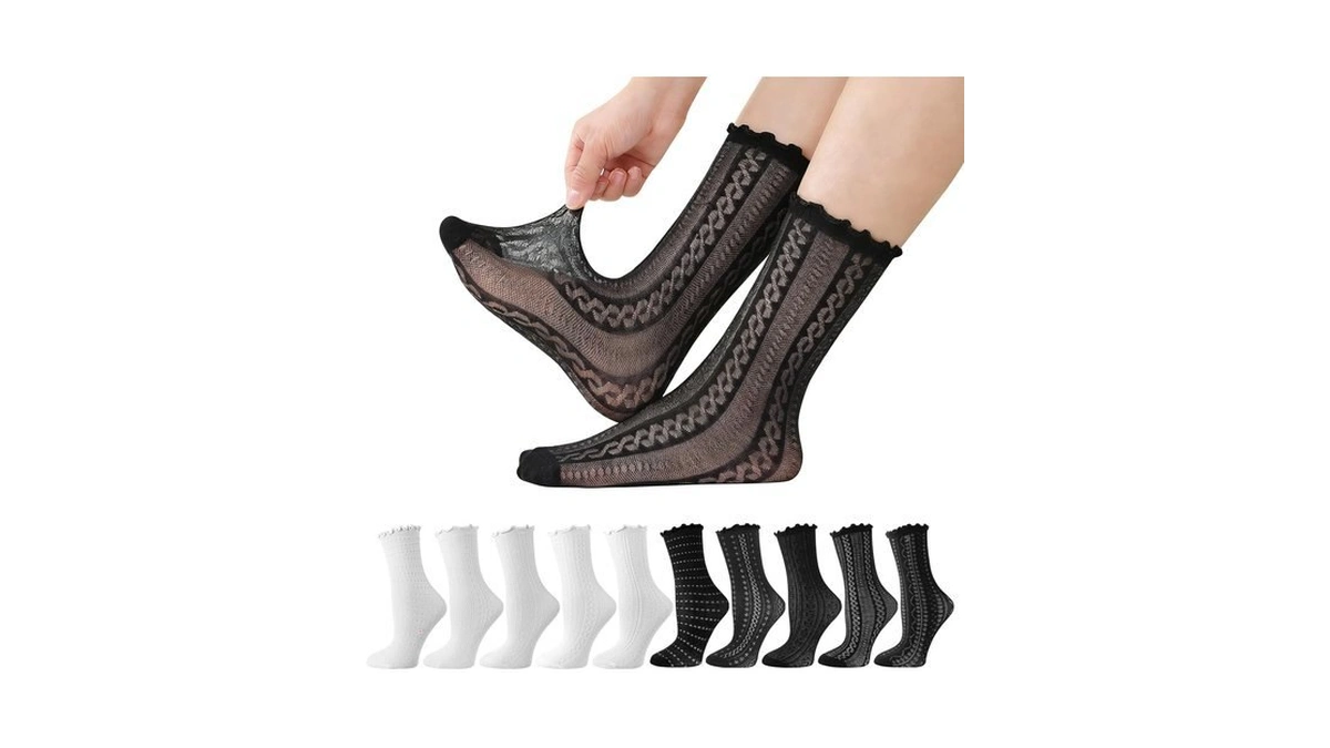 Lace Sheer Socks For Women, 10 Pairs Sheer Frilly Set
