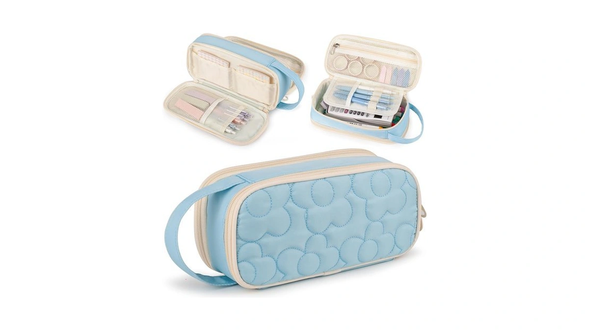Quilted Pencil Case Bag Large,2 Compartment Pen Pouch With Handle