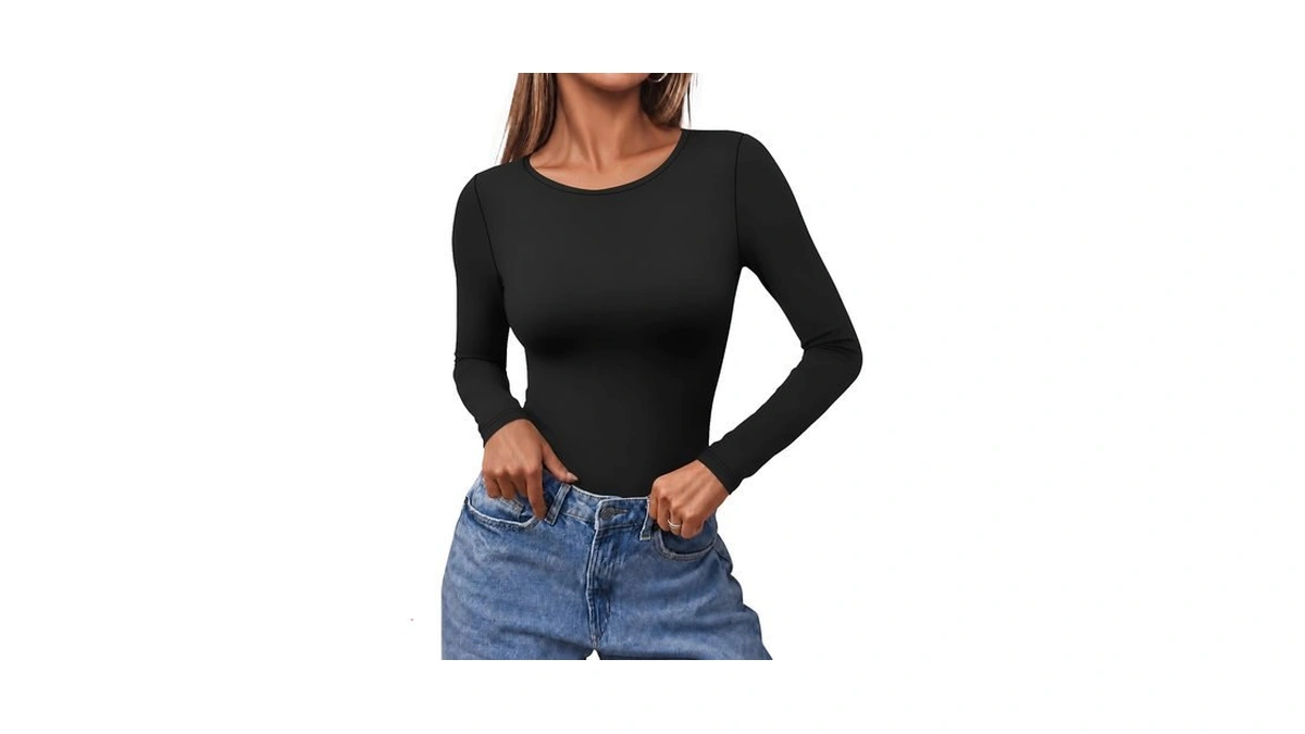 Ekouaer Long Sleeve Shirts For Women Scoop Neck Tight Slim