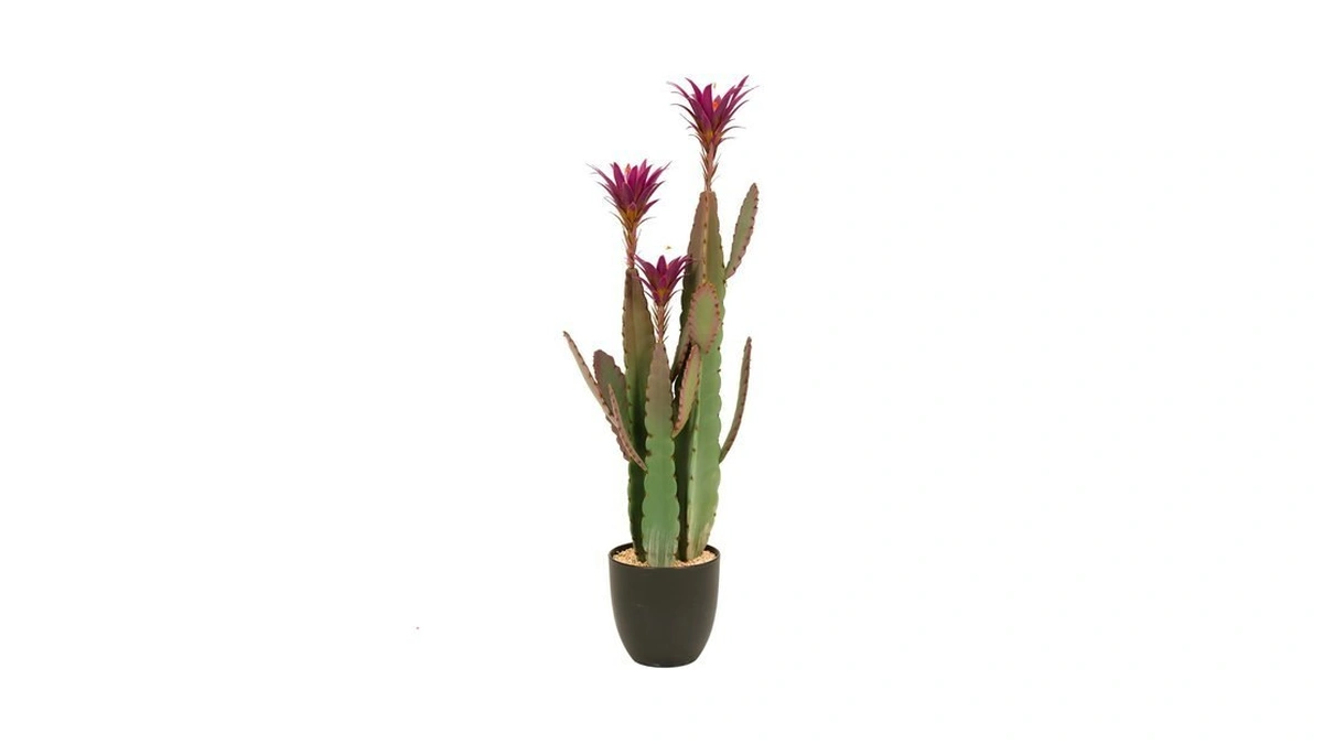 Tall Artificial Cactus With Magenta Flower Po...