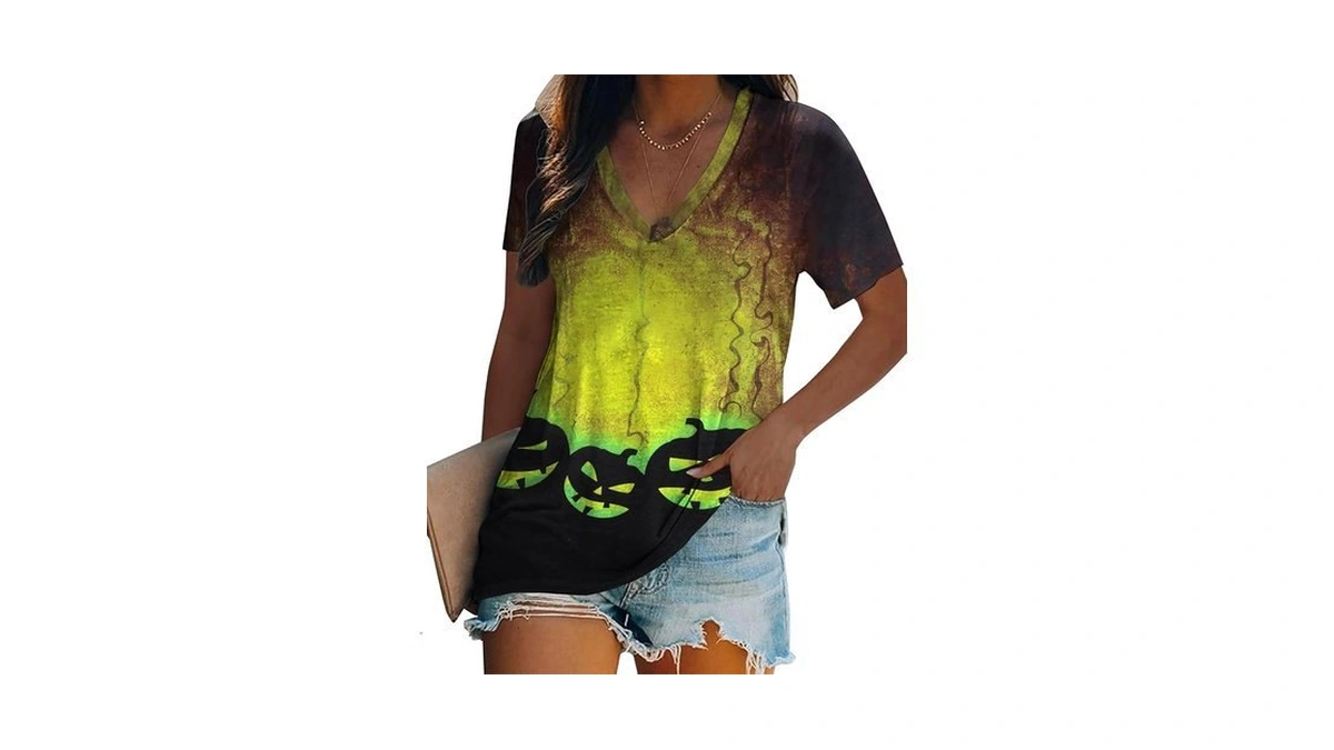Halloween Shirts For Women Pumpkin Face Tee Casual V-neck Loose