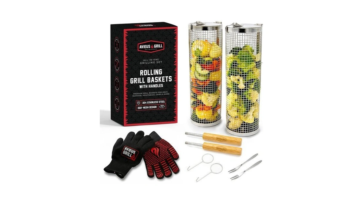 Avieus Grill Rolling Grill Basket | Rolling Grilling Baskets For