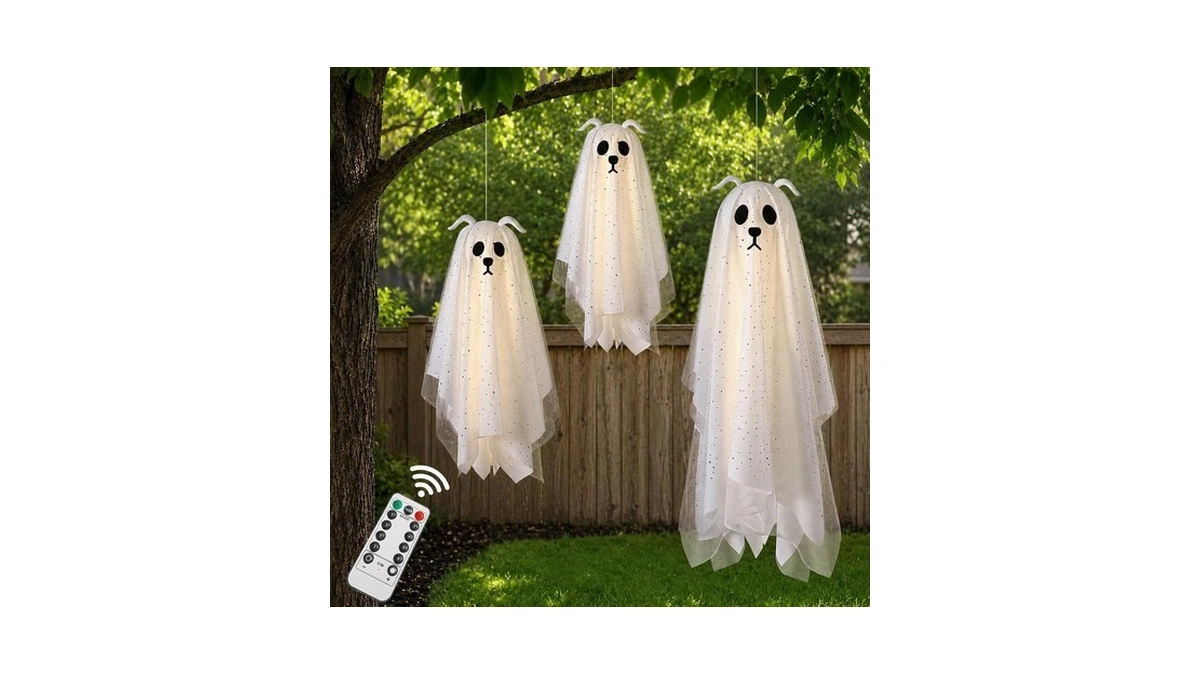 Halloween Decorations Outdoor, 3 Pack Lighted Dog Ghost Hanging Decor