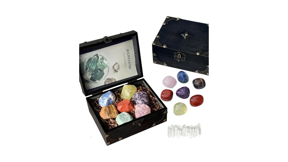 Juliful Unic 7 Chakra Crystal Set, Healing Stones With Wooden