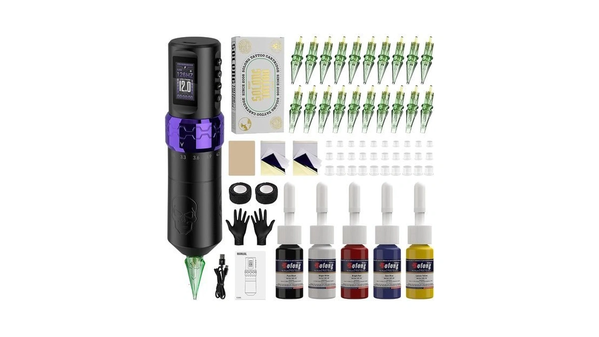 Solong Cordless Rotary Tattoo Pen Kit, 7 Adjustable Strokes 2.4-4.2mm,