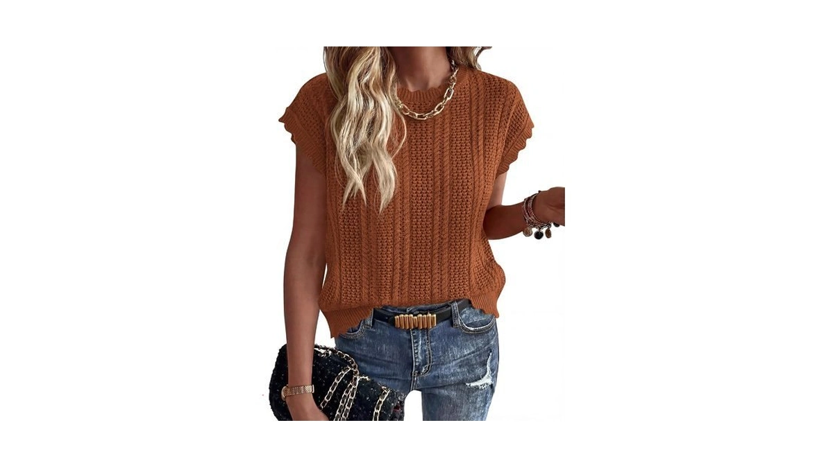 Kirundo Crochet Tops For Women Short Sleeve Sweater Vest(caramel, L)