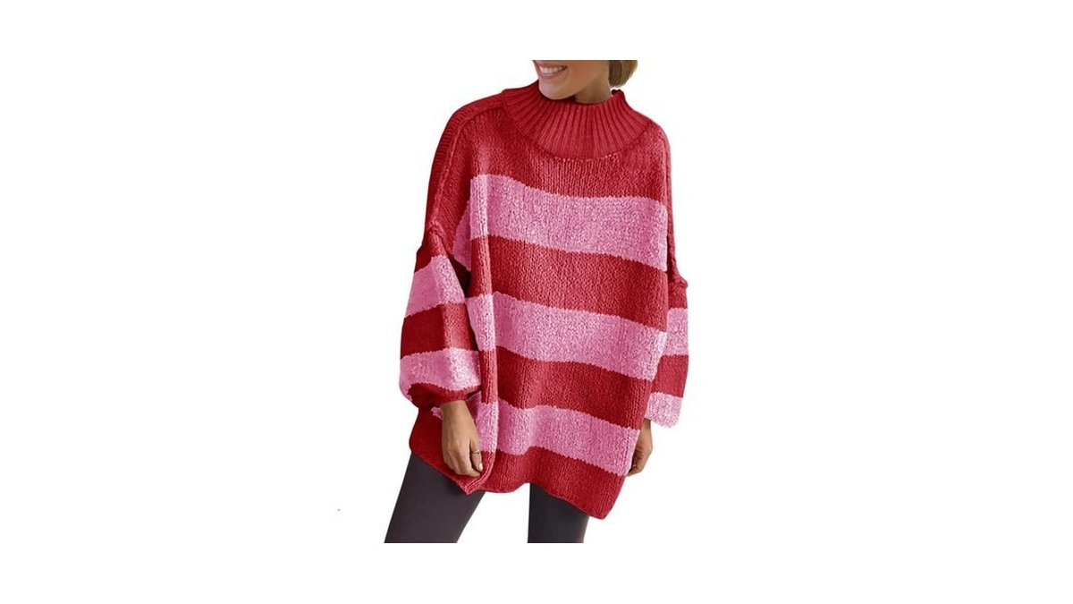 Saodimallsu Womens Oversized Striped Chunky Sweater Mock Neck Knit Tops