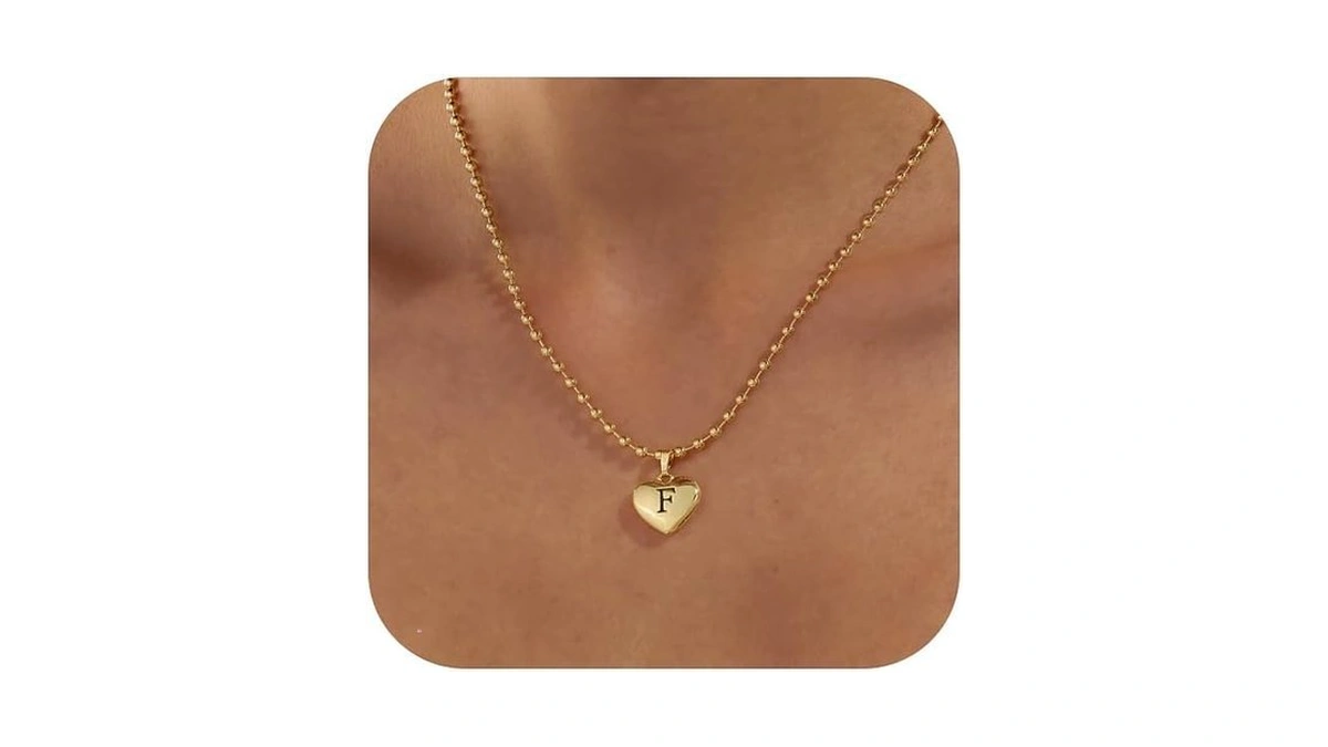 Kisscloud Heart Initial Necklaces For Women, 14k Gold Letter F
