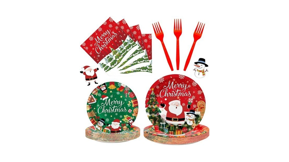 100 Pcs Merry Christmas Plates And Napkins Sets - Cute