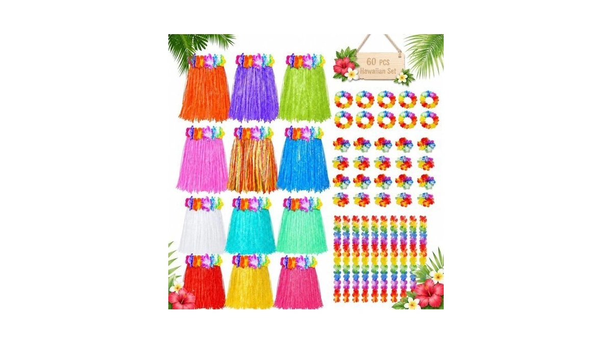 Pistroy 60 Pcs Hawaiian Luau Hula Skirts Decorations, Hawaiian Grass