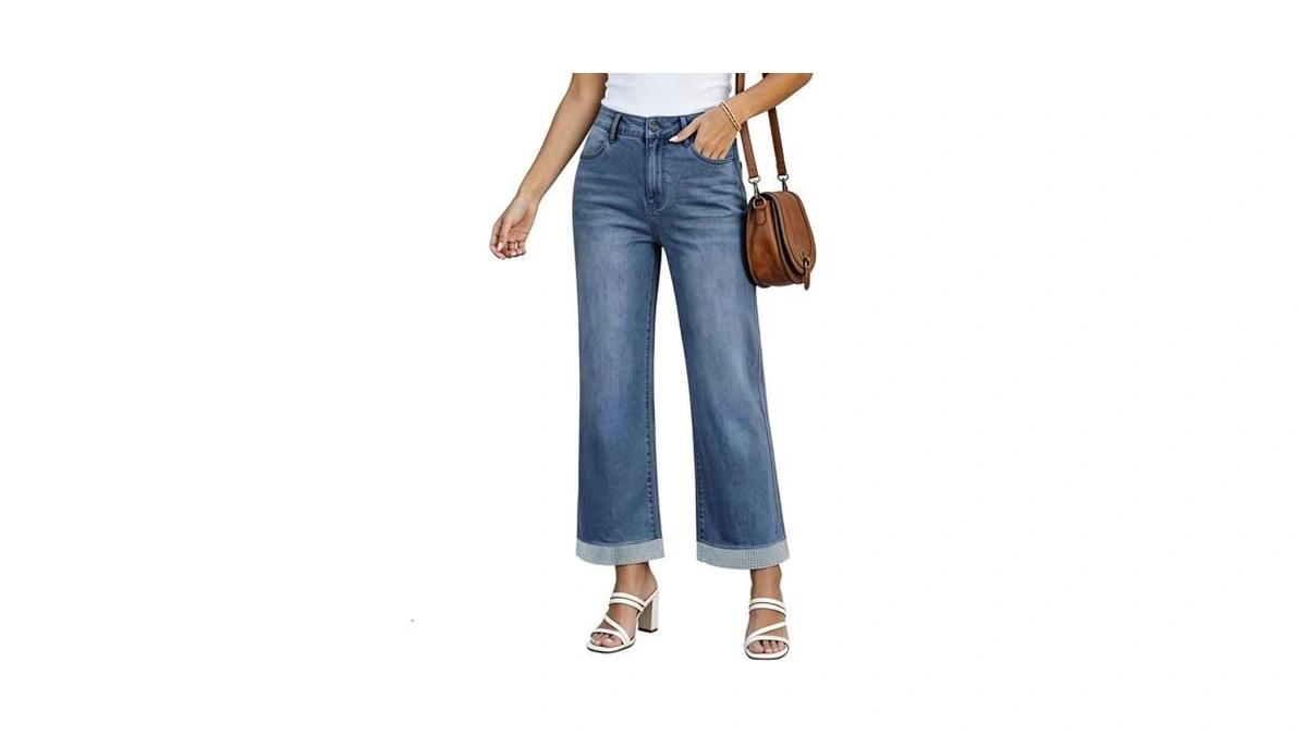 Bisual Stretchy Wide Leg Jeans For Women Rhinestone Cropped Denim