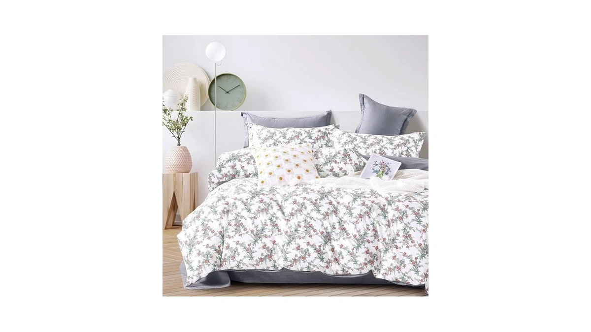 Aleissel White & Gray Delicate Floral Cotton Comforter Set Queen