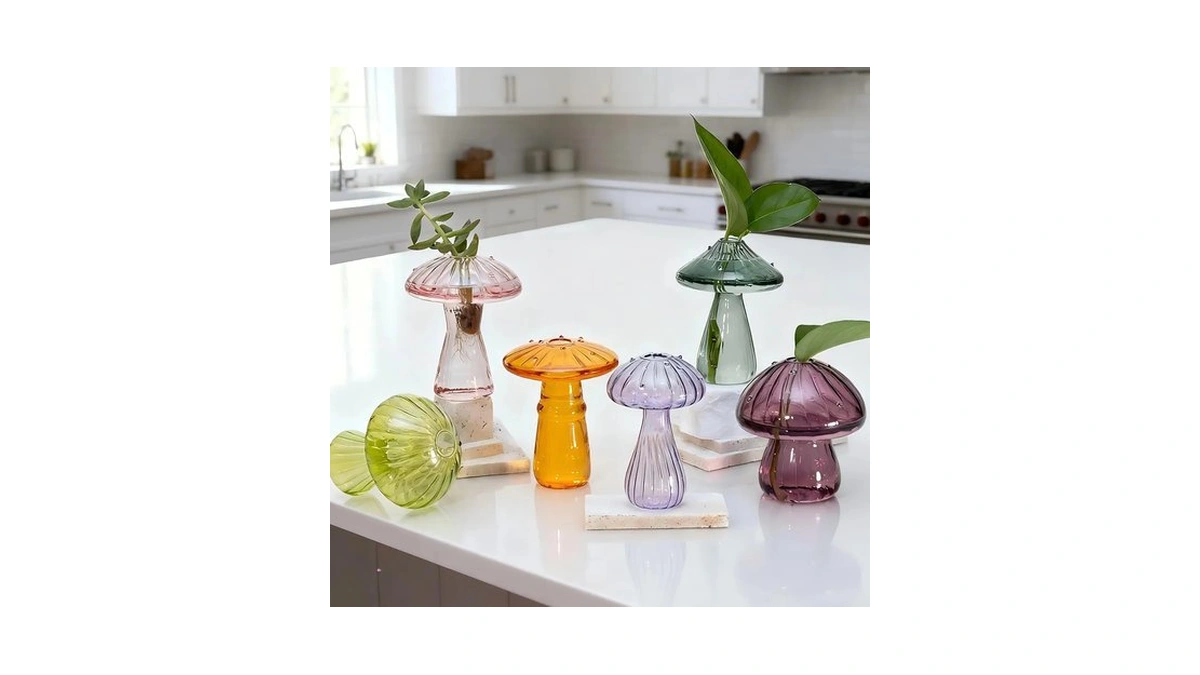 6 Pcs Colored Mushroom Glass Propagation Vases For Plants, Hydroponic