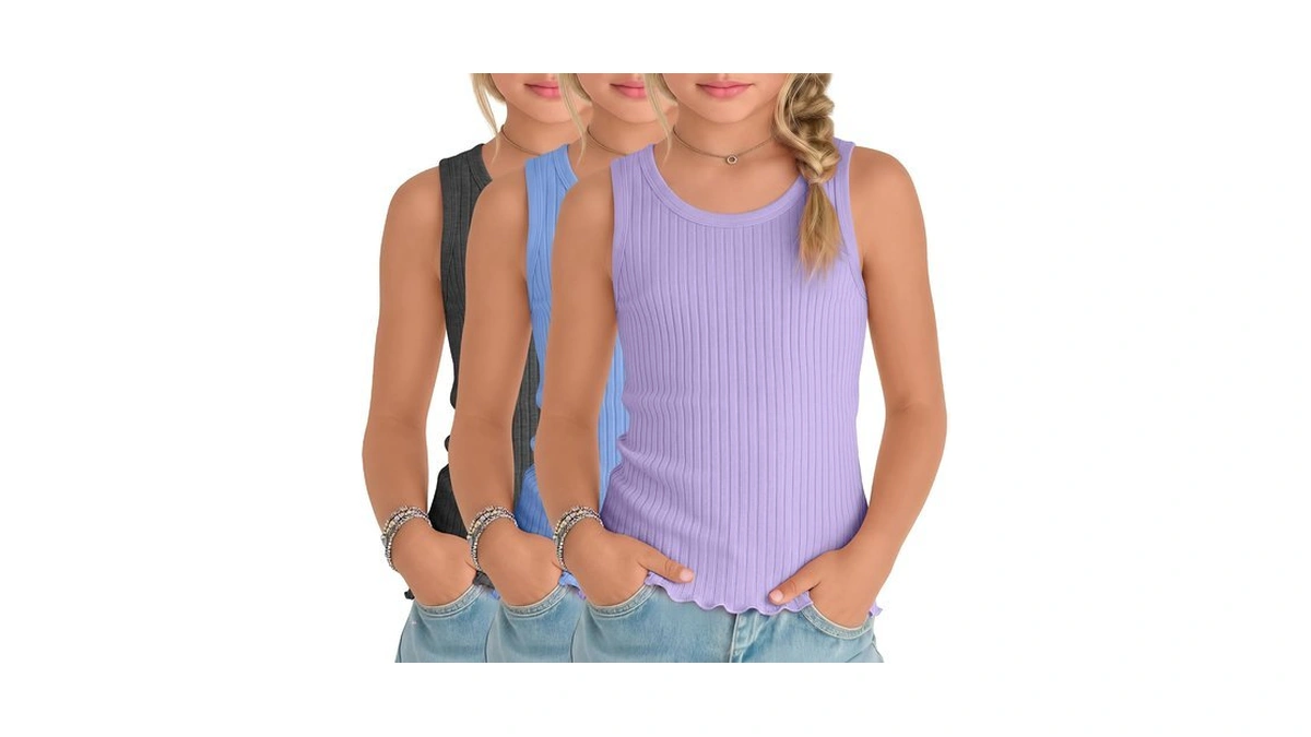 Halfchet 3 Pack Girls Ribbed Tank Tops, 11-12 Years, 3-color