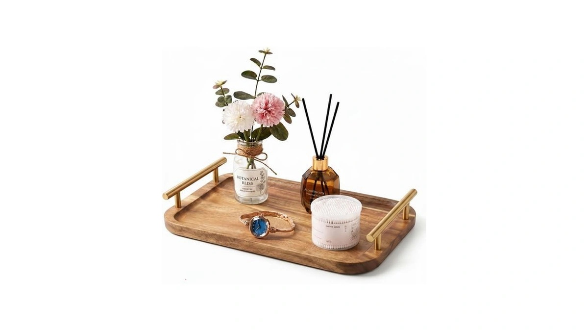 Bathroom Tray For Countertop Organizer,vanity Tray With Gold Handle, Acacia
