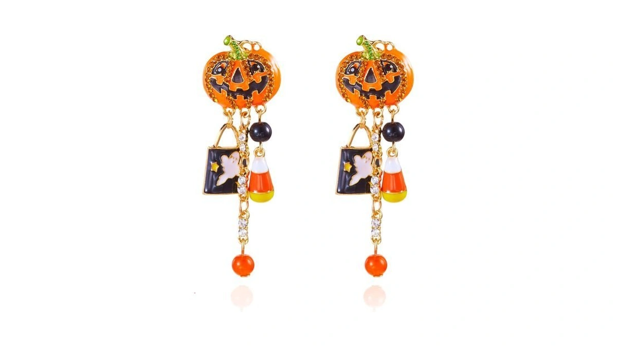 Halloween Earrings Dangle Drop, Smiling Pumpkin Pillow Earrings With Bling