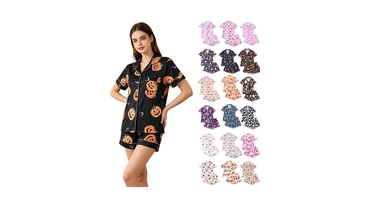 Cute Womens Fall Pajamas,halloween Pajamas Women Button Short Sleeve Tops
