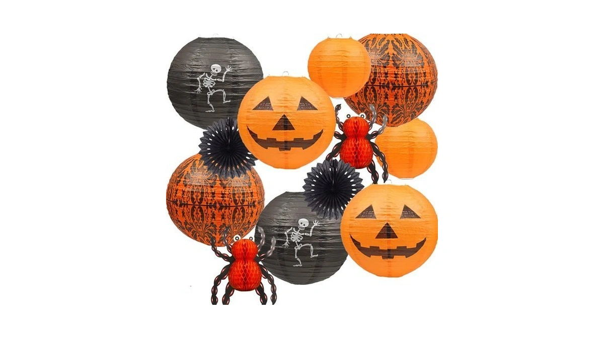Uniqooo 12pcs Halloween Hanging Decorations Paper Lanterns, Jack-o'-lantern Spider Skeleton