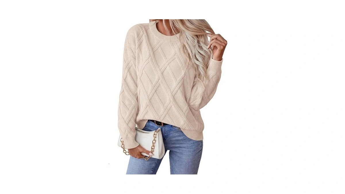 Okiwam Women's Long Sleeve Sweaters Crewneck Cable Knit Pullover,beige,s