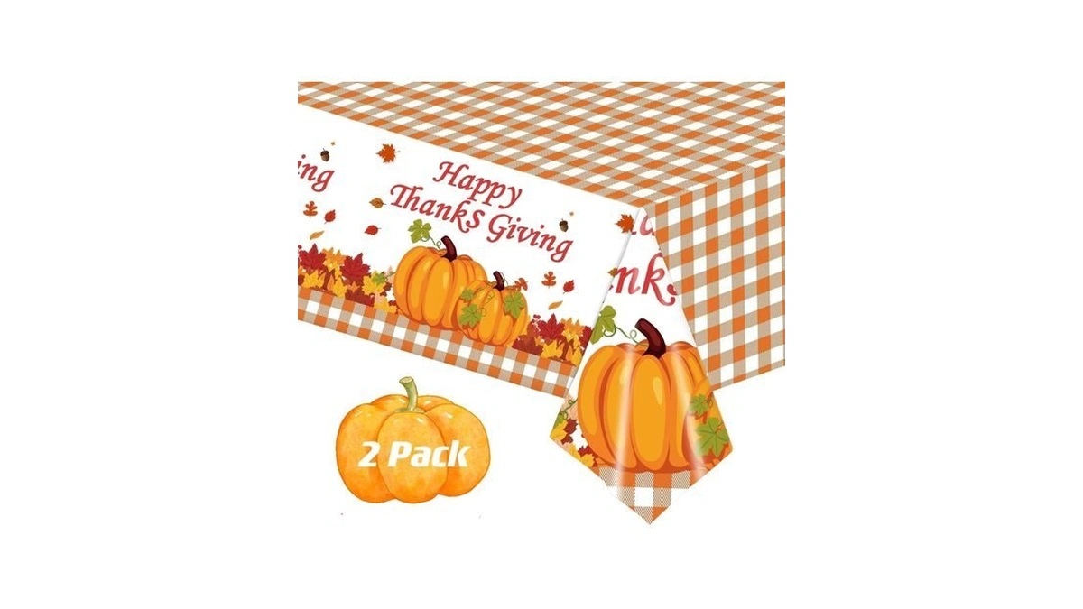 2 Pack Happy Thanksgiving Tablecloth, Fall Pumpkin Maple Leaves Plastic