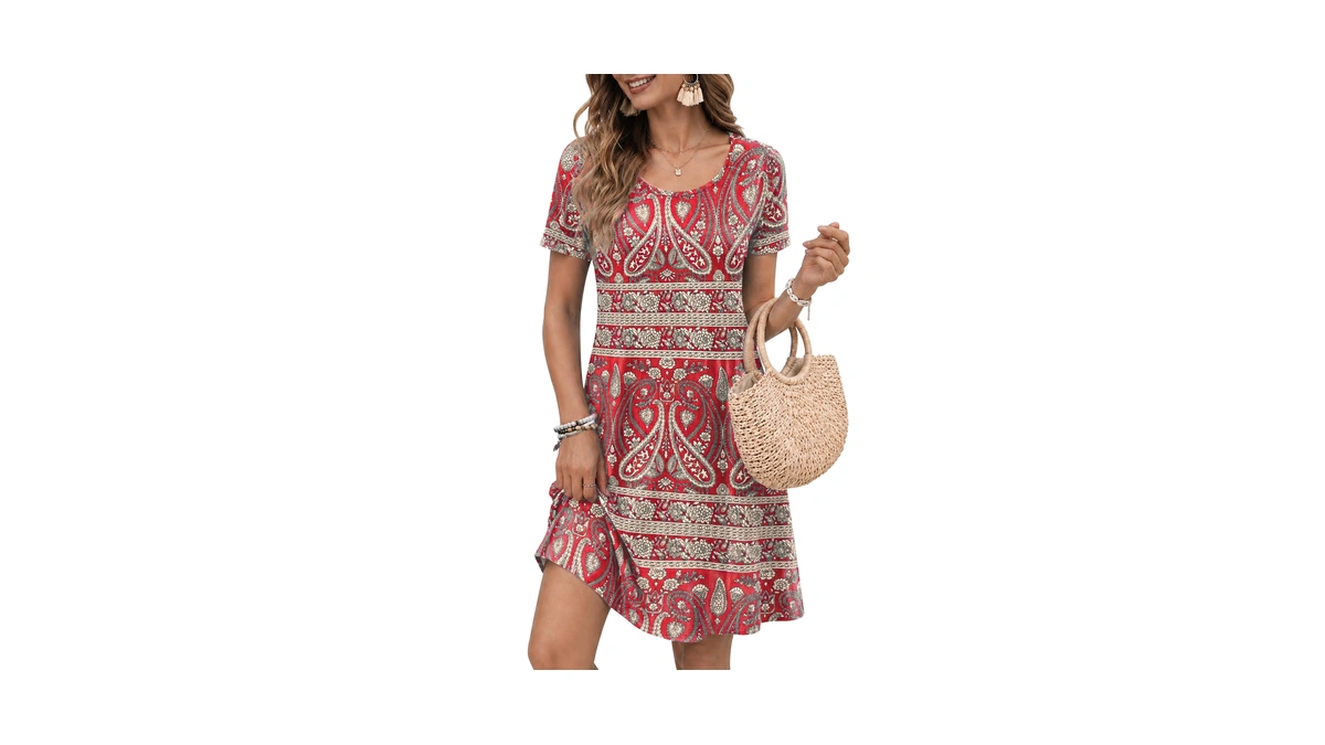 Wneedu Women's Summer Casual T-shirt Dress With Pockets (boho Fl