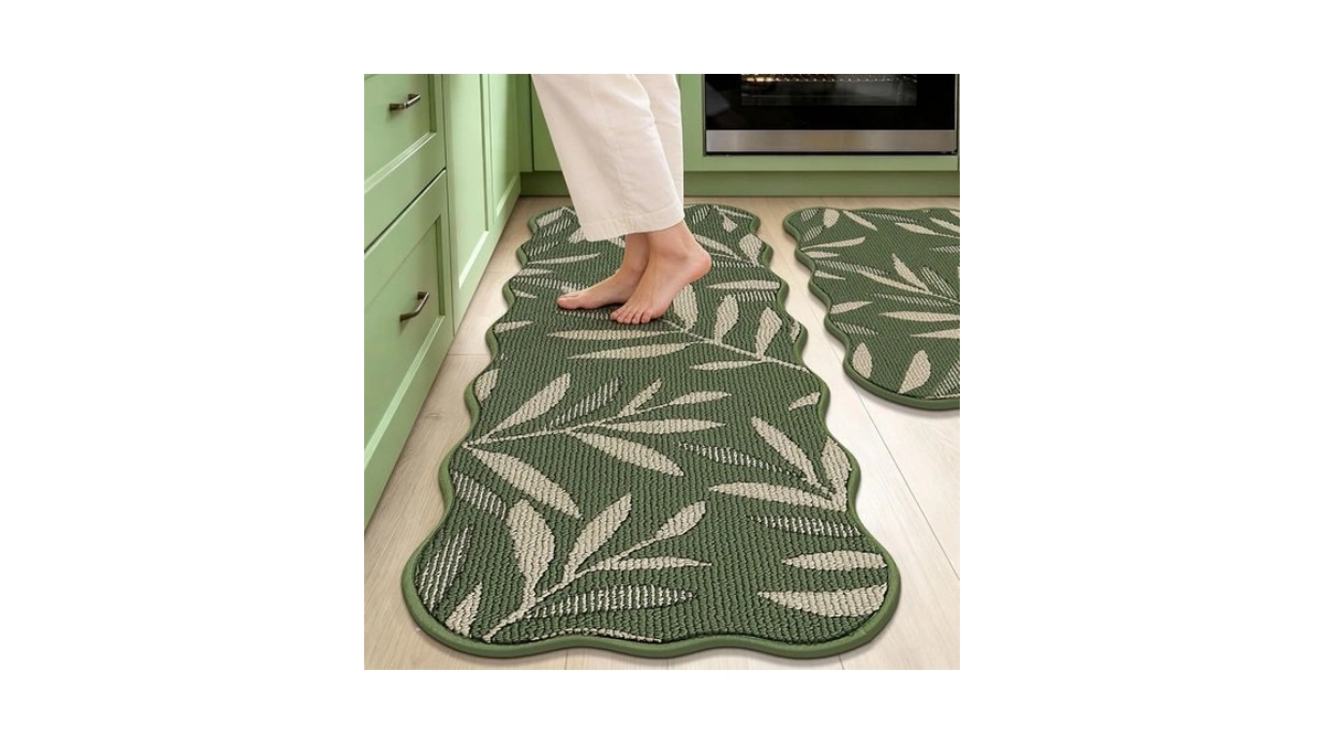 Jsei 3d Leaf Scalloped Kitchen Rugs, 17"x30"+17"x48", Green