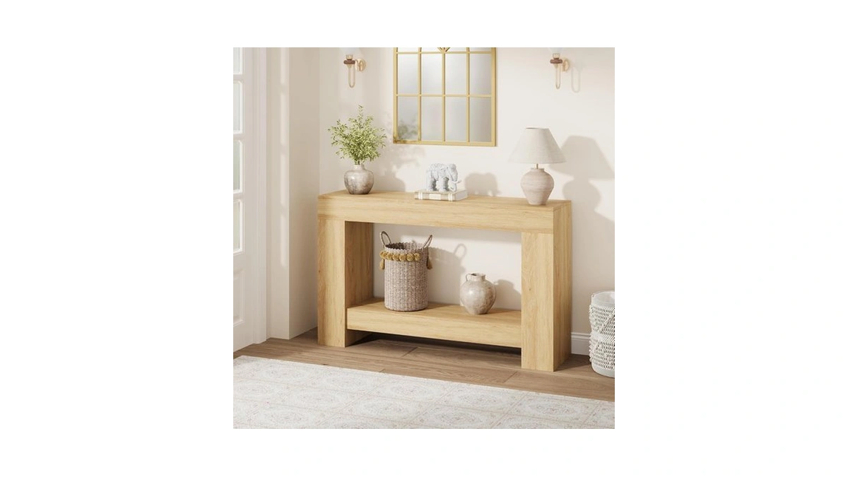 Garvee 47" Farmhouse 2-tier Console Table For Entryway, Natural Wood