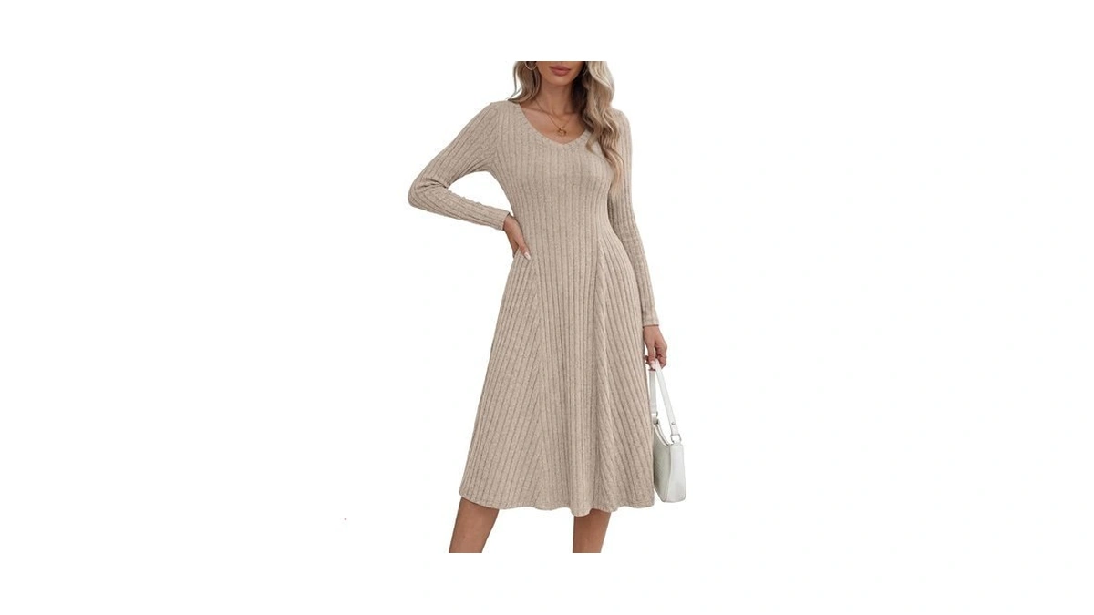 Kirundo Sweater Dress Long Sleeve Ribbed Midi Fall Dresses, Apricot,