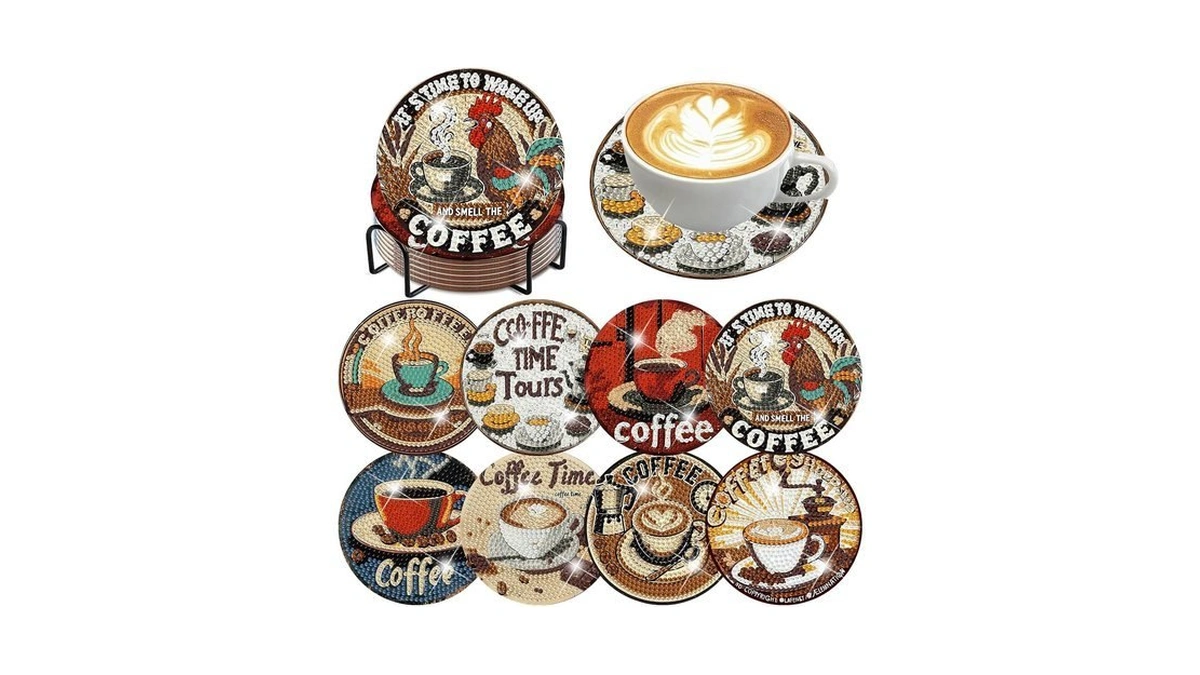 Ekuxom 8 Pcs Coffee Diamond Art Coasters Kits With Holder