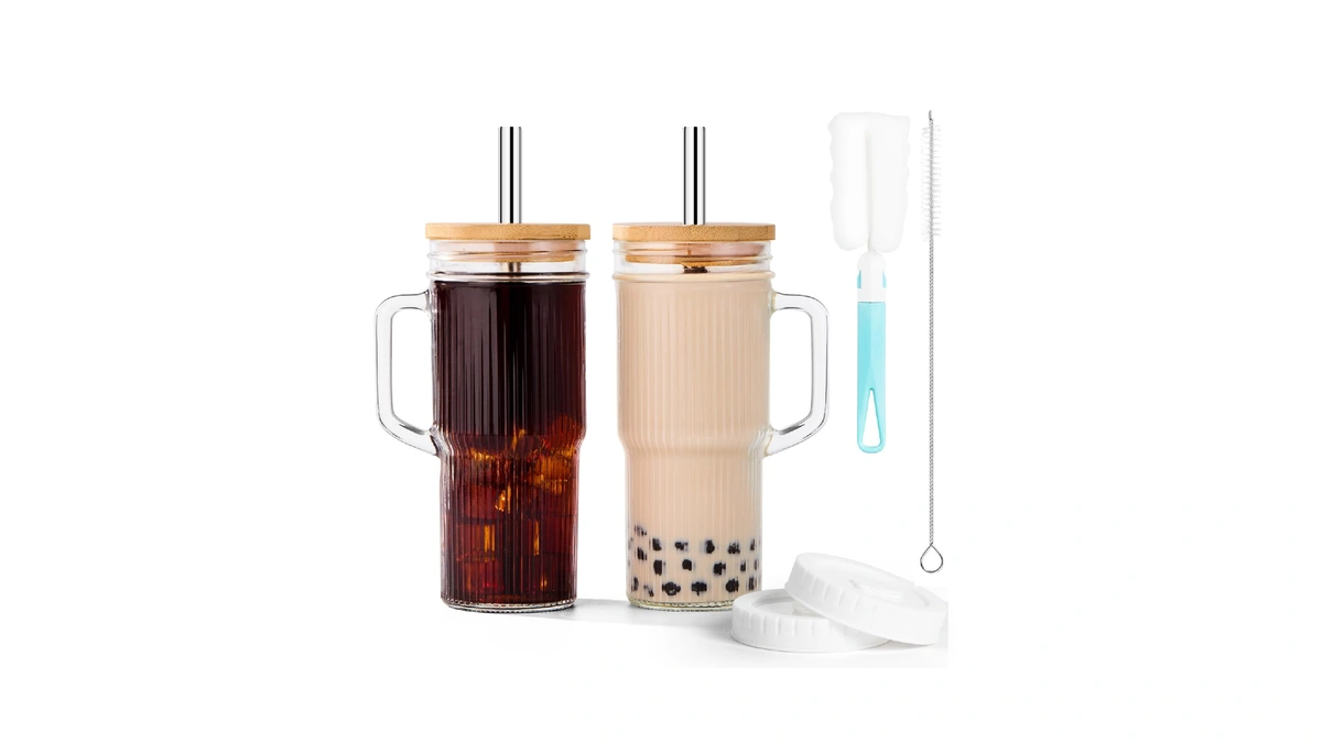 Junvpic Glass Tumbler, 24 Oz Ice Coffee Cups With Bamboo