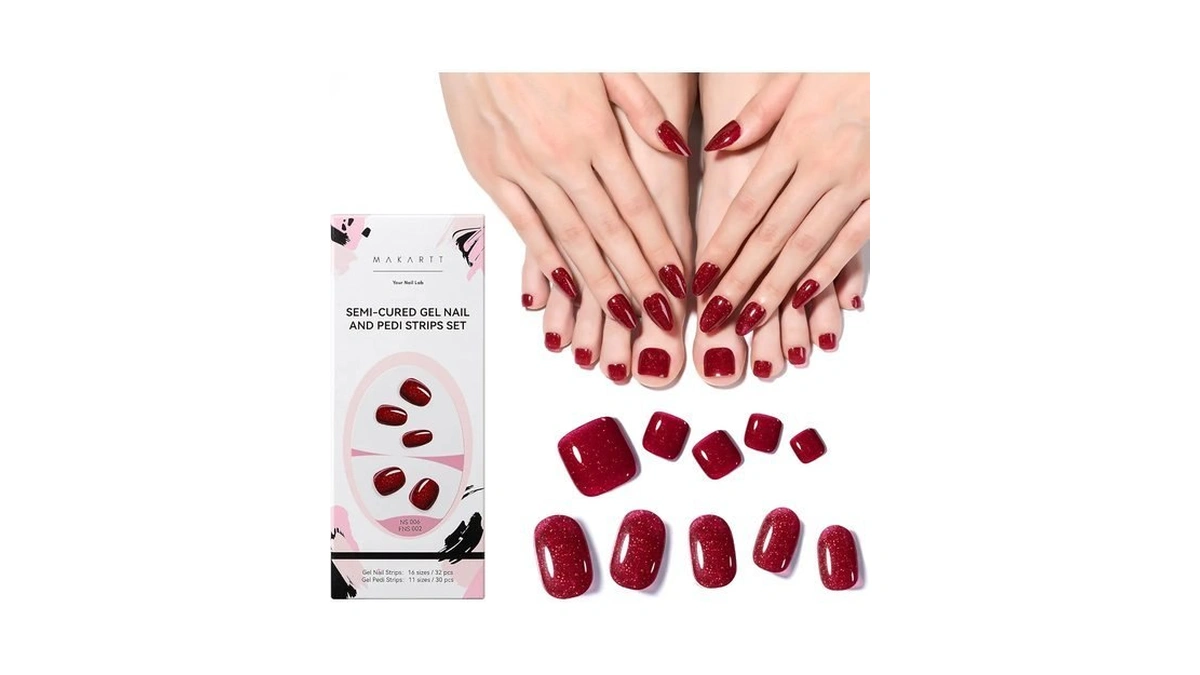 Makartt 32 Pcs Red Gel Nail Strips + Toe Set,
