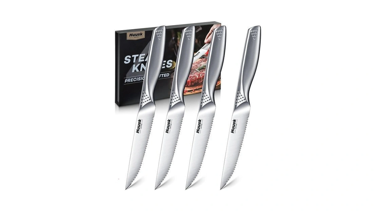 Huusk Steak Knives Set Of 4, Serrated Stainless Steel Dinner