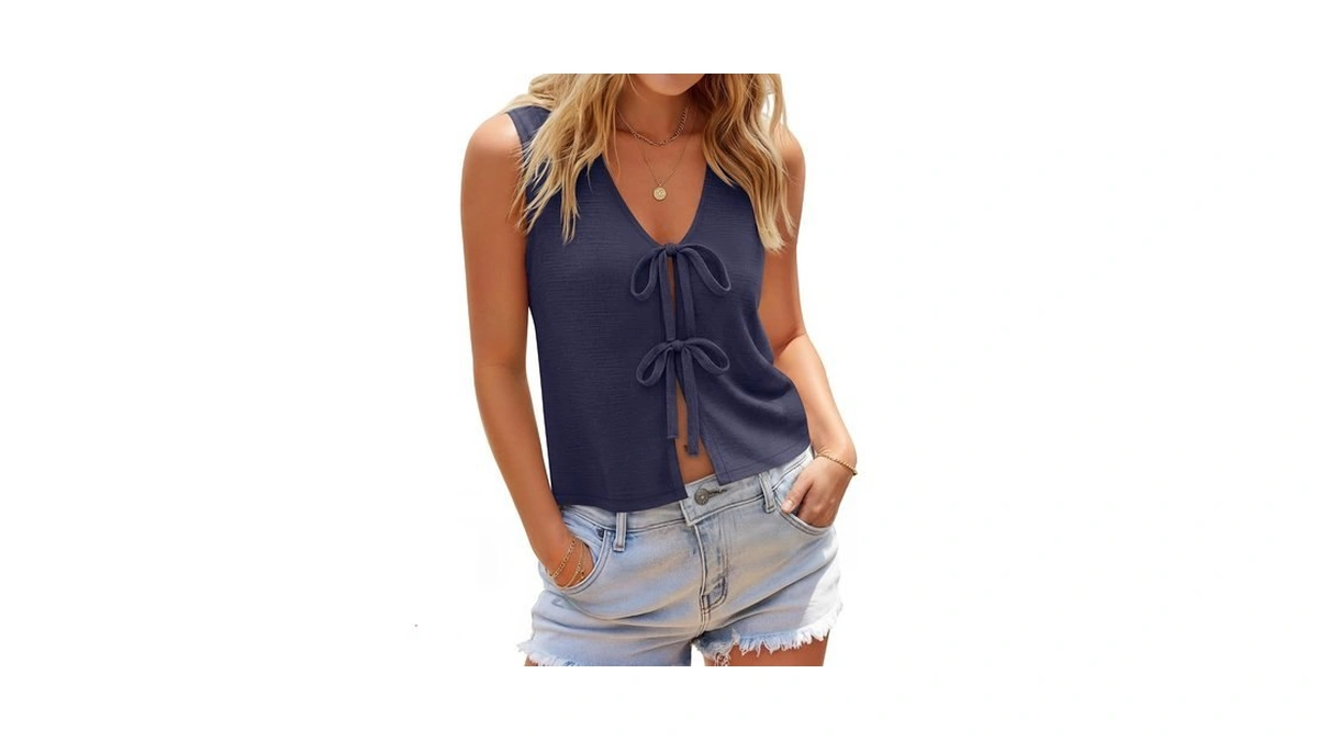 Joymotion Women's Linen Tie Front Tank Tops, Navy Blue, Large